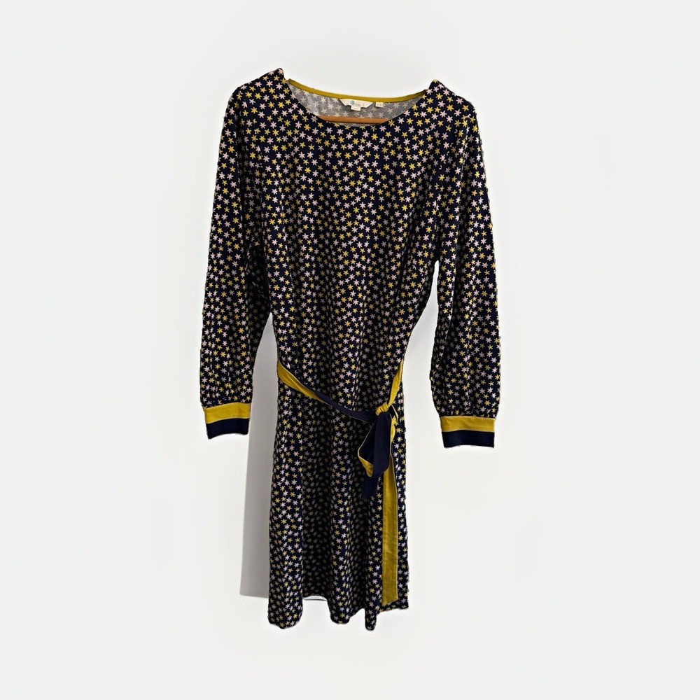 Boden Navy Star Print Shift Dress Womens Plus Size 18 L 3/4 Sleeve Tie Belt Knee